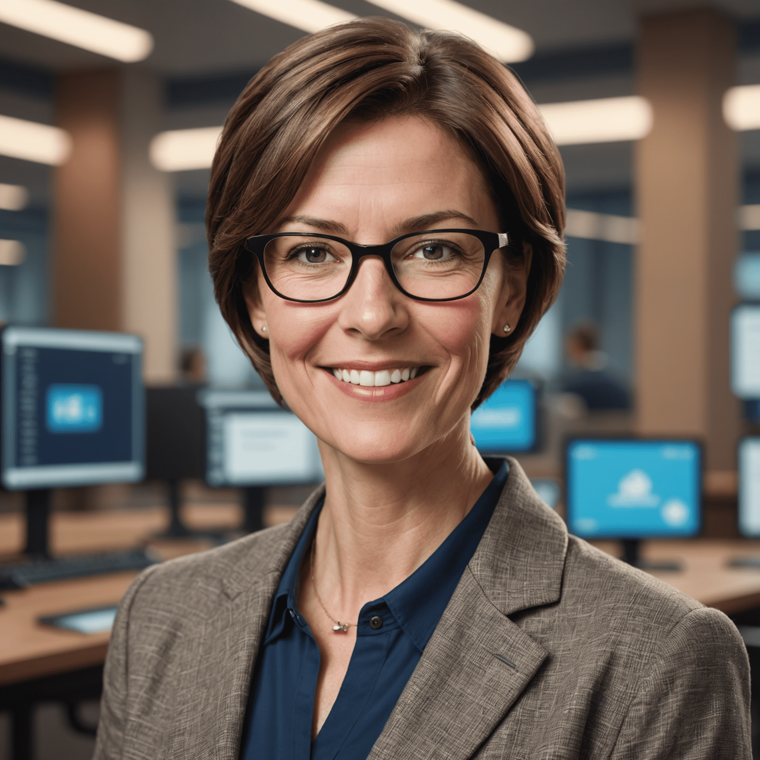 Portrait of Jane Smith, a technology consultant with short brown hair and glasses, smiling confidently in a professional setting