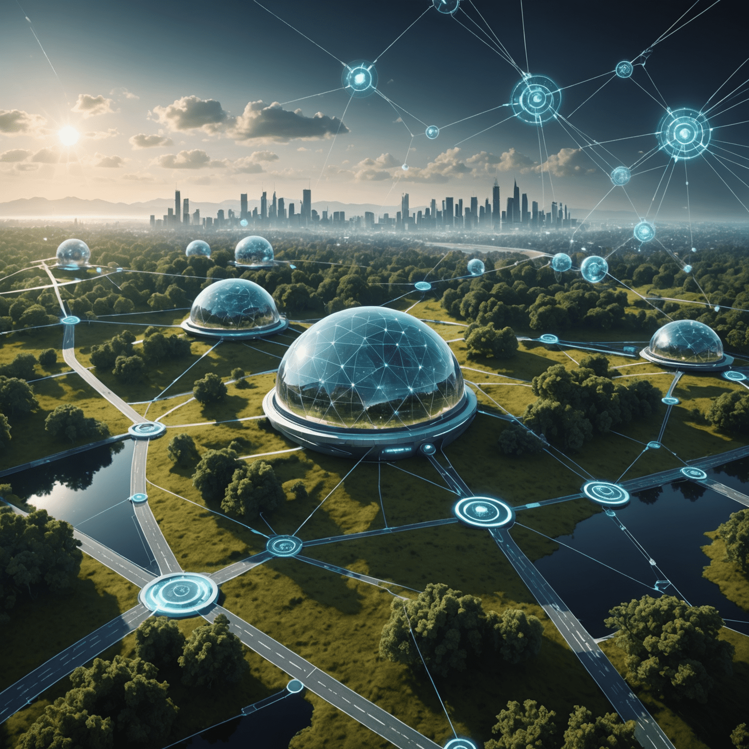 A futuristic digital landscape with interconnected nodes representing cybersecurity challenges and solutions