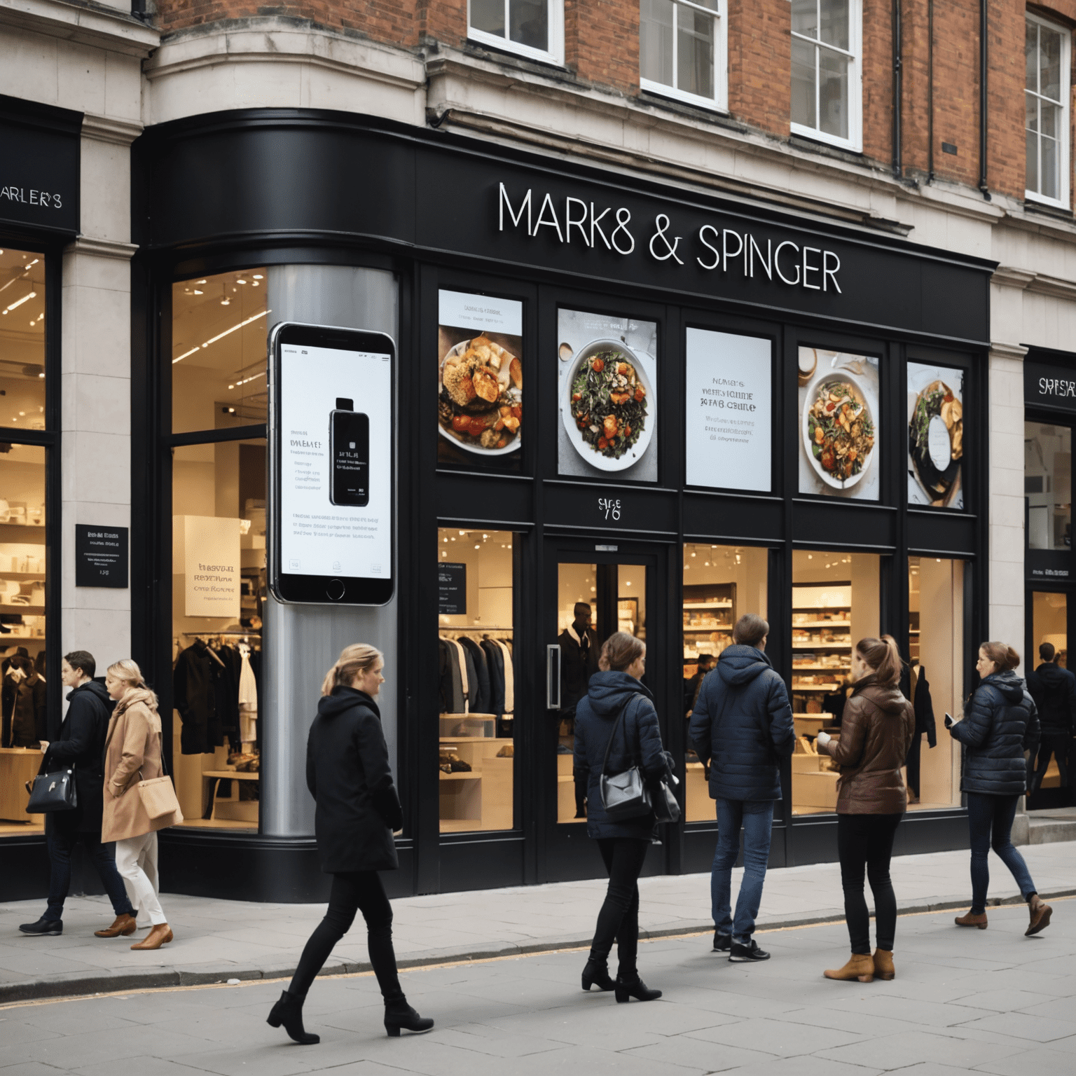 Marks & Spencer storefront with digital displays and customers using mobile apps