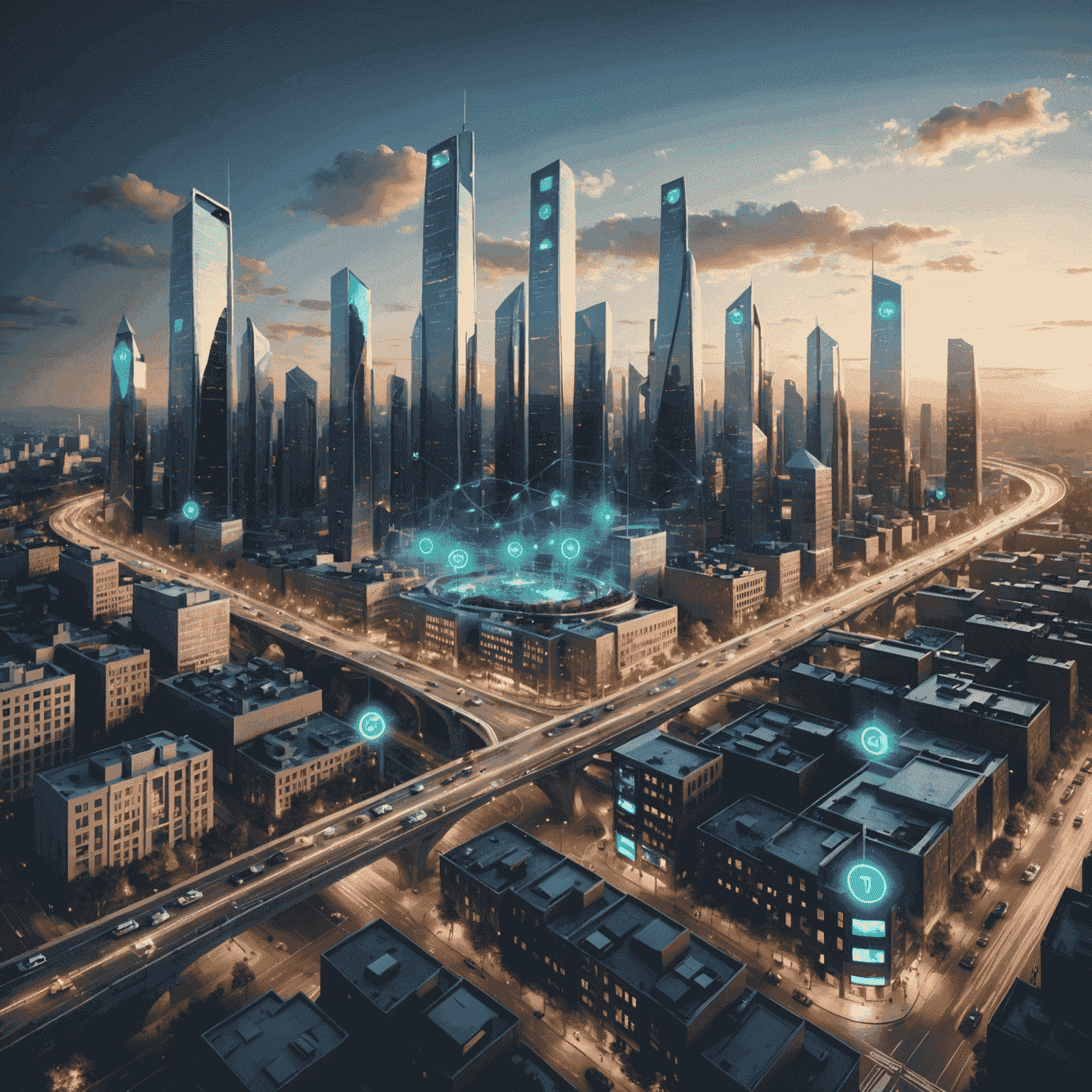 A futuristic cityscape with interconnected IoT devices and sensors visible throughout the urban environment, showcasing smart traffic management, energy-efficient buildings, and real-time data collection points