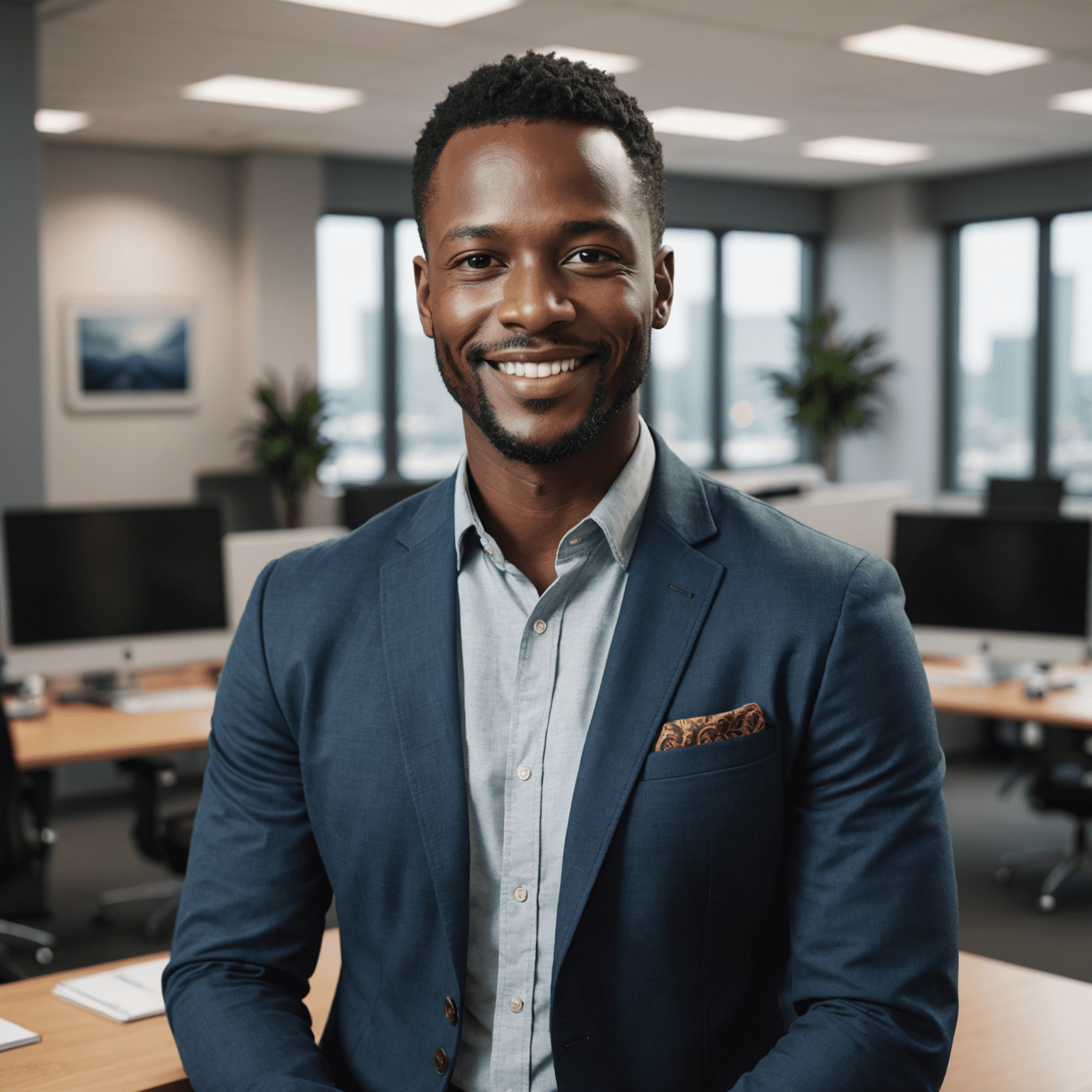 Portrait of John Doe, a digital strategist with dark skin and a warm smile, wearing a smart casual outfit in an office environment