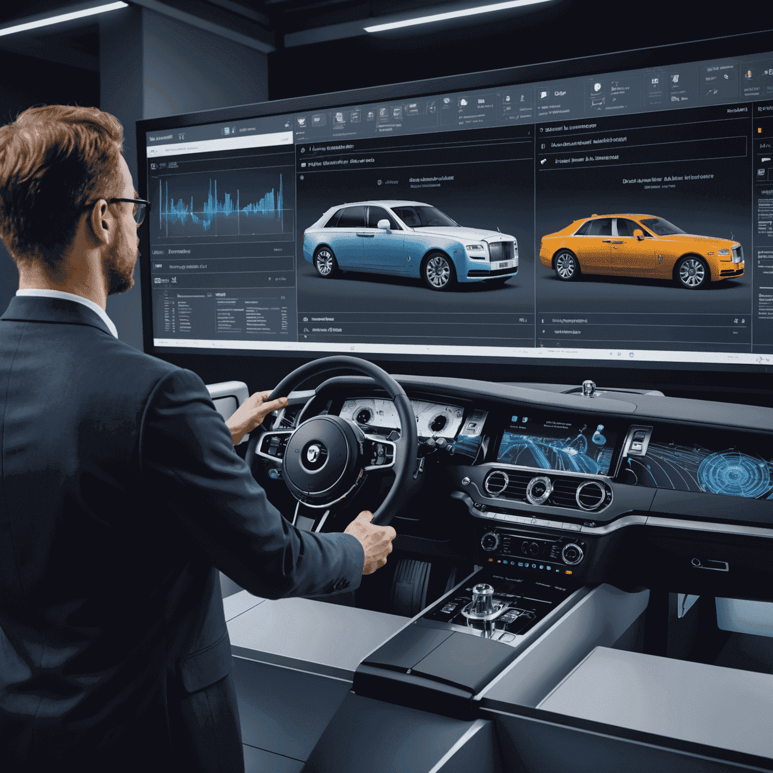 Rolls-Royce engineer using digital twin technology on a large screen