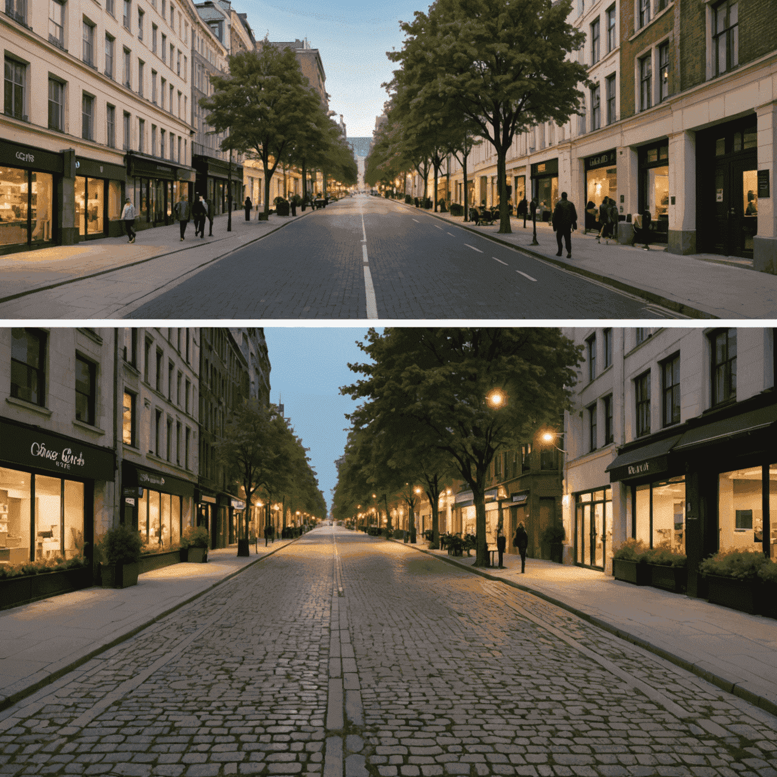 A split-screen image showing a traditional city street on one side and a smart city street on the other, highlighting the differences in lighting, waste management, and overall efficiency