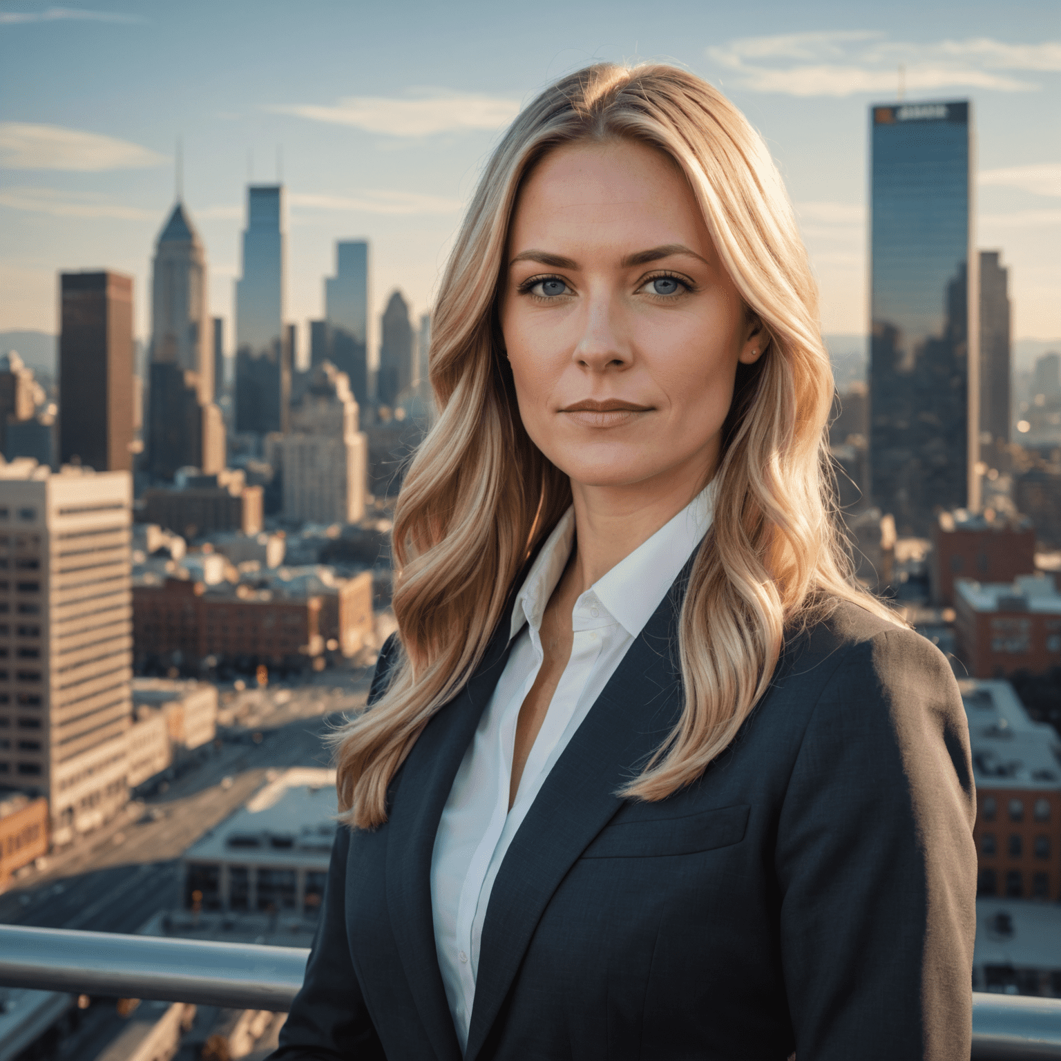 Portrait of Sarah Johnson, an industry analyst with long blonde hair, looking professional in a business suit against a cityscape background