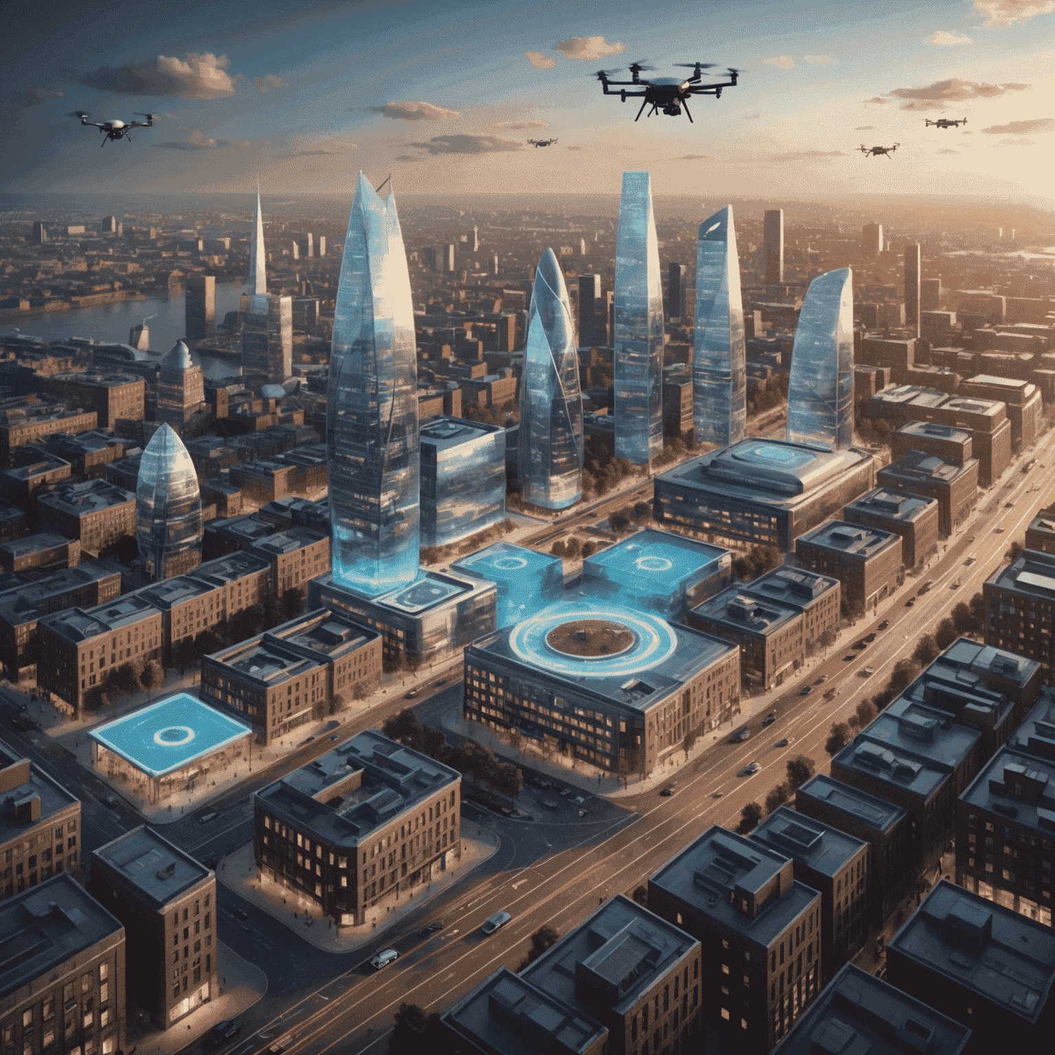 A visionary render of a future UK smart city, showcasing advanced IoT integration with flying drones for delivery, autonomous vehicles, and holographic information displays integrated into the cityscape