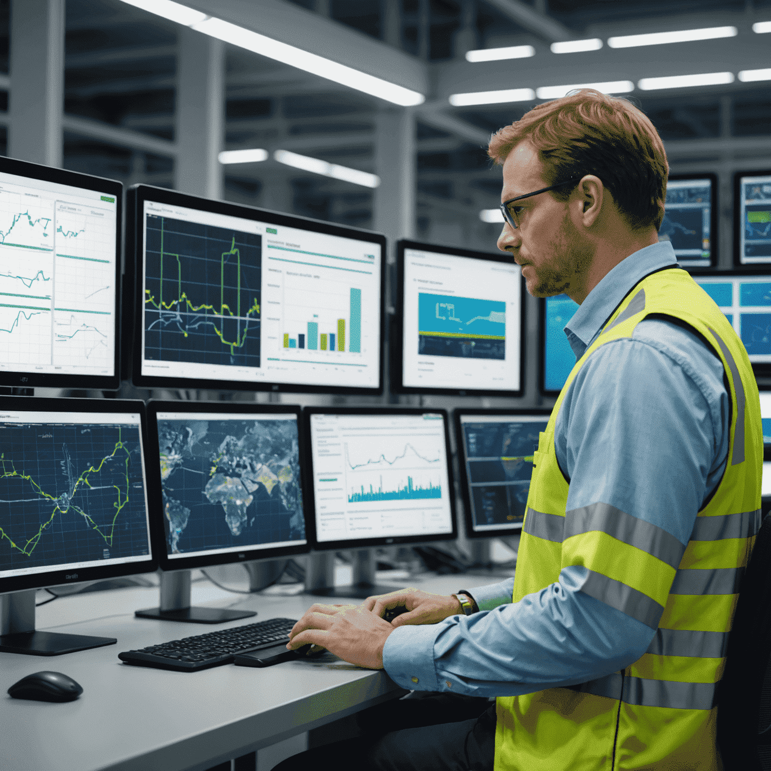 BP engineer monitoring smart grid system on multiple screens